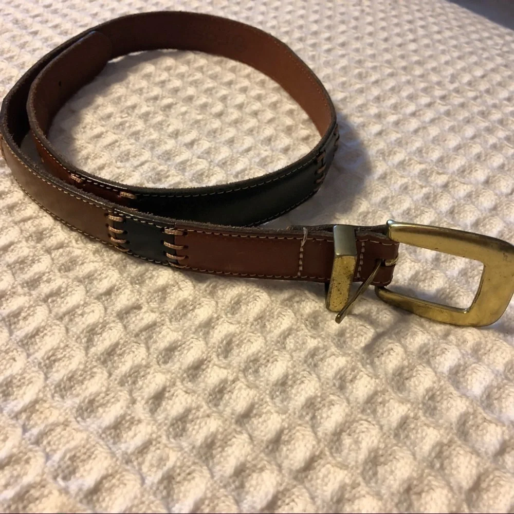Fossil Leather Brown Black Colorblock 1” Belt Gold Buckle M Southwest